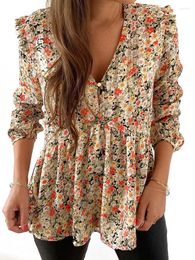 Women's Blouses Fashion V Neck Floral Print Long Sleeve Pullover Shirt Women 2023 Autumn Slim Slimming Thin Top