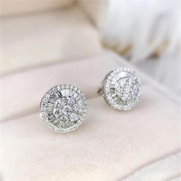 Circle Stud Earring Luxury Jewelry 925 Sterling Silver Full Princess Cut White Topaz CZ Diamond Gemstones Women Wedding Bridal Ear2980