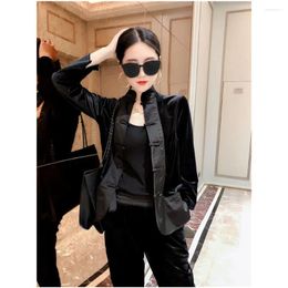 Ethnic Clothing 2023 Fashion Gold Velvet Suit Women's Buckle Splicing Spring Vintage Hong Kong Style Jacket Leggings Trend Tangsuits