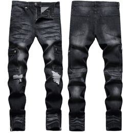 Men's Biker Moto Washed Distressed Slim Fit Straight Jeans Denim Hombre trousers fashion brand luxury pants denim pant Trend Brand Motorcycle Pants Mens Skinny