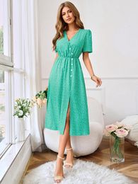 Party Dresses Green Christmas Dress For Women Polka Dot Casual Summer Female Girls Puff Sleeve V-Neck Slid Clothes Fashion Year Gala