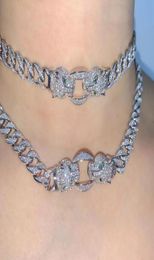 Iced out bling hip hop women necklace Jewellery micro pave 5A CZ Cool animal design Leopard Jaguar charm cuban chain choker necklace5511605