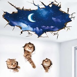 Night Moon Cats 3d Wall Stickers Fashion Sky Home Decor for Kids Room Creative Hole View Wall Decals Bedroom Decoration