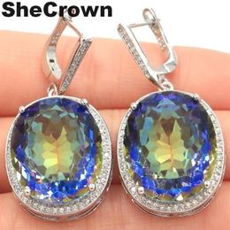 SheCrown Big Oval 22x18mm 17 5g Fire Rainbow Violet Mystic Topaz CZ Ladies 925 Silver Earrings 40x20mm 200923266z