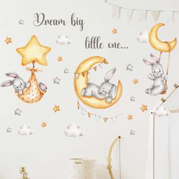 Watercolour Cartoon Cute Bunny Gold Moon Stars Wall Stickers for Kids Room Baby Nursery Room Wall Decals Home Decorative Stickers