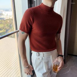 Men's T Shirts 2023 Spring Slim Fit Half High Neck Casual Fashion Handsome T-shirt Short Sleeve Knitted Sweater