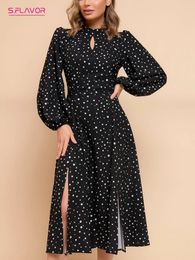 Basic Casual Dresses SFLAVOR Vintage Stand Collar Long Sleeve Polka Dot Print For Women Elegant Slim Fitted Party Vestidos De 231212