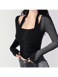 Women's T Shirts Fashion Sexy Style Cross Threaded Long Sleeve Neck Waist Ruched Slim Fit Figure Flattering Bottoming T-shirt Knitted Top