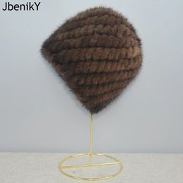 Trapper Hats Russia Winter Lady Natural Mink Fur Beanies Hat Knit Warm Striped Genuine Cap Good Elastic Real 231213