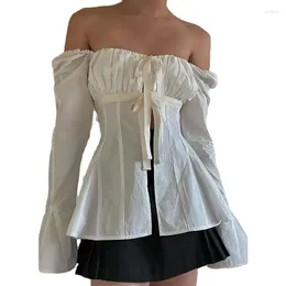 Women's T Shirts Shirt White Slim Fit Pleated Lace Up Corset Flared Long Sleeve Top Y2k Sexy Autumn Blouse