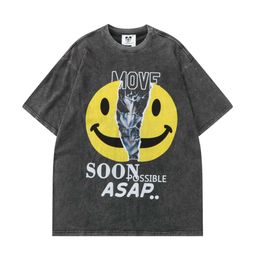 24ss Summer Leisure Fashion Cartoon T-shirt 220g Combed Cotton Washing Water Used Smiling Face Loose Short Sleeve T-shirt Men