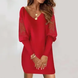 Casual Dresses 2024 Spring Patchwork Lace V Neck Sexy Mini Dress Fall Long Sleeve Women Office Lady Pullover Loose Slim Red