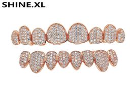 HIP HOP Iced Out Zircon Gold Teeth Grills 8 Top Bottom Tooth Grills Dental Cosplay Vampire Teeth Caps Rapper Party Jewelry Gift7796018