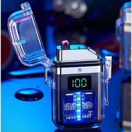 Transparent Shell Waterproof Double Arc Pulse Electric Flameless Lighter USB Charging LED Display Metal Cigar Men's Gift