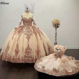 Rose Gold Sparkly Quinceanera Dresses Modest Sweetheart Long Sleeves Lace Appliuqed Puffy Princess Ball Gown Girl Sweet 16 Dress Prom Pageant Gowns Vestidos CL0285