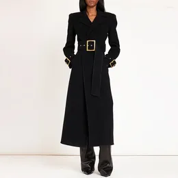 Women's Trench Coats Tesco Autumn Winter Black Women Long Fashion Simple Coat Belt Woolen Fall Jacket For Female 2023 Ropa Mujer