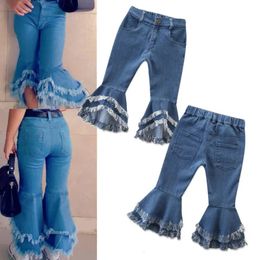 Jeans 2 7Years Fashion Toddler Kids Girls Tassel Flare Longpants Denim Ruffle Pants Boot Cut Trousers Slacks Autumn Winter 231213