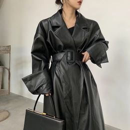 Women's Trench Coats Lautaro Long oversized leather trench coat for women long sleeve lapel loose fit Fall Stylish black women clothing streetwear 231213