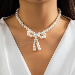 Elegant Imitation Pearl Bowknot Bow Pendant Choker Necklace for Women Exquisite Clavicle Chain Wed Y2K Jewelry New