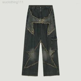 Men's Pants Streetwear Baggy Jeans Mens Vintage Star Patchwork Solid Colour Denim Hip Hop Harajuku Loose Straight Cowboy Unisex