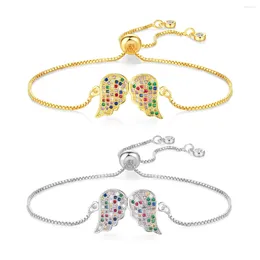 Charm Bracelets Cubic Zirconia Crystal Double Angel Wing Bracelet Women Fashion Multicolor CZ Stones Brass Box Chain Jewelry Gift