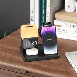 2023 New Wireless Charging Station 6 in 1 Wireless Charger with Digital Alarm Clock and Night Light For Phone Watch and Earphones