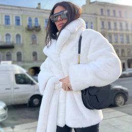 Women's Fur Luxury Solid White Belted Faux Coat Women Thick Warm Fluffy Plush Jacket Chic Ladies Street Fashion Winter Overcoats Outfits