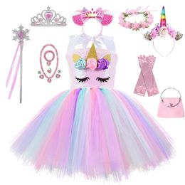 Girl's Dresses Kids Clothes Cosplay Unicorn Girls Dress Cute Cartoon Summer Mesh Princess Costume Dress Birthday Party 2 3 4 5 6 7 8 Years 231213