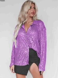Women's Blouses Shirts Womens Spring Autumn Button Down Shirts Long Sle V Neck Sequin Shirts Sparkly Glitter Night Club ning Party Blouses TopsL231214