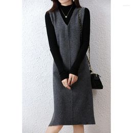 Casual Dresses Autumn And Winter Women's V-neck Mid Length Dress Loose Fashion Pure Wool Slip Over Knee Knit Sleeveless Vest