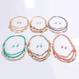 Pendant Necklaces Bohemia Style Fashion Simple Handmade Multi-layer Colourful Stone Wood Beads Wax String Necklace Earring Set Women
