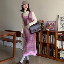 Casual Dresses Korean Fashion Striped Knitted Vest Autumn Winter Sweet Women's Sleeveless Square Neck Long Sweater Dress Robes T725