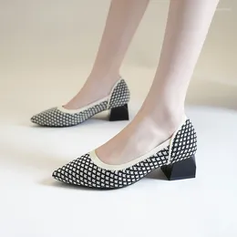 Dress Shoes Size 43 Women's Pointed Med Heels Mixed Color Casual Breathable Knitted Fashionable Square Heel Zapatos De Mujer