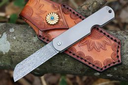 MM7691 Pocket Folding Knife 8Cr13Mov Damascus Steel Blade CNC Finish Titanium Alloy Handle Outdoor EDC Gear Fruit Knives with Leather Sheath