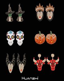 Stud HUANZHI Halloween Dripping Oil Zircon Pearl Pumpkin Skeleton Witch Stud Earring 2208262626227