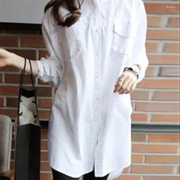 Women's Blouses Women White Shirts Double Pocket Autumn Cotton Blouse Korean Fashion Mid Length Shirt Loose Tops Casual Clothes Blusas 30011