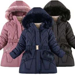 Down Coat Winter Keep Warm Girls Jacket Waist Belt Design Detachable Hat Lining Plush Hooded Heavy Coat For Kids 231214