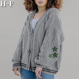 Womens Sweaters Winter Casual Solid Long Sleeve Knitted Cardigan Autumn V Neck Single Breasted Stars Embroidery Women Sweater 231214