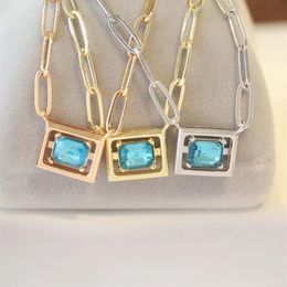 Europe America Fashion Style Necklaces Lady Women Brass Square Pink Green Crystal Engraved T Letter Pendant 18K Plated Gold Chain 219G