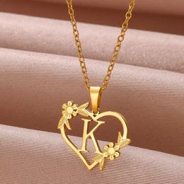 Pendant Necklaces Gold Color Dainty Flower Initials Necklace Women Girl Stainless Steel Heart Letter Choker Gifts Alphabet Jewelry 231213