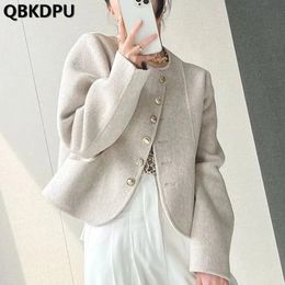 Women's Jackets Elegant Womens Vintage Woollen Short Jackets Korean Slim Coats Cropped Long Sleeve Chaquetas Spring Wool Blend Outwear 231214