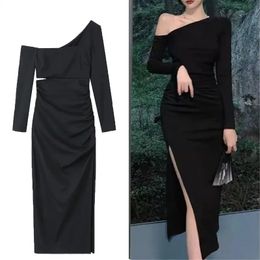 Urban Sexy Dresses TRAF Woman Black Ruched Asymmetric Midi Dress Long Sleeves Bodycon 2024 Autumn Elegant Evening Party Vestidos 231213
