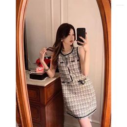 Casual Dresses High Quality Black Plaid Tweed Weave Women Dress Vintage Autumn Winter Pearls Beading Button Sleeveless Tank Loose Vestidos