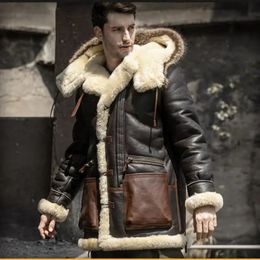 Men's Fur Faux Winter Men Original Coat Midlength Thickened Sheepskin Leather Bomber Hooded Wool Lining Warm Snow Clothing 231213