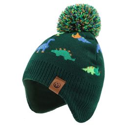 Caps Hats Baby Boys Earflap Hat Dino Beanie For Kids Autumn Winter Fashion Boys Girls Bonnet Hat Ourdoor Warm Knitted Children 231213