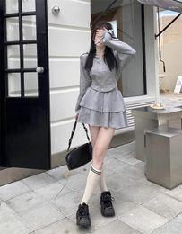 Work Dresses Sweet Cool Sports Set Women Hooded Coat Lace Up Ruffle Edge Skirt Slim Solid Spicy Spring Autumn Grey Female Sport Two Piece