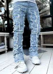 Men's Jeans Man Stacked Elastic Waist Straight Fit Patchworks Denim Long Pants Fringe Ripped For Men 231213