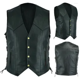 Men's Vests Black Faux Leather Vest Punk V-neck Side Zipper Pocket Sleeveless Top Motorcycle Fashion Handsome Riding Waistcoat S-5XL