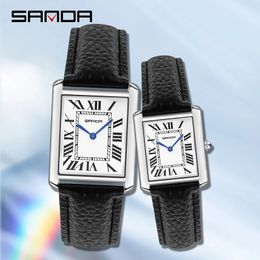 Wristwatches SANDA Couple Watch 30M Waterproof Casual Fashion Quartz Watches Wear Resistant Leather Strap Square Dial Design Reloj 231214