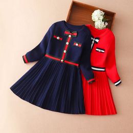 Girls Sweater Dress Long Sleeves Childrens Casual Clothes Round Neck Princess Preppy Style Kids Bow Knitwear 231221